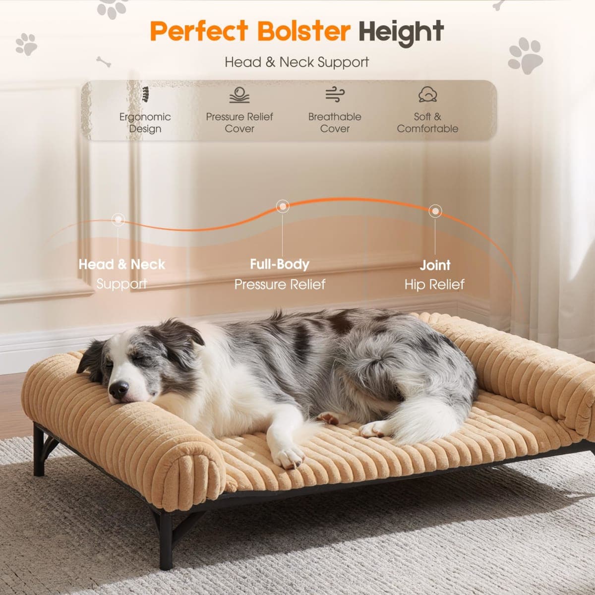 Elevated Dog Bed with Removable Fluffy Pillow Cushion, Raised Pet Cot Washable Bolster, Dog Couch Sofa, Anti Slip Feet, Breathable Mesh, Khaki, 36"×26" thumbnail 3