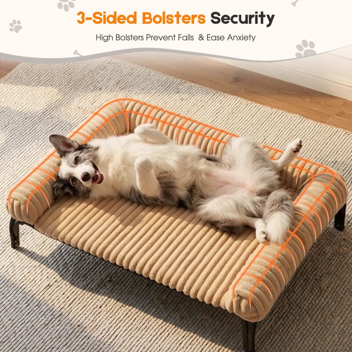 Elevated Dog Bed with Removable Fluffy Pillow Cushion, Raised Pet Cot Washable Bolster, Dog Couch Sofa, Anti Slip Feet, Breathable Mesh, Khaki, 36"×26" thumbnail 4