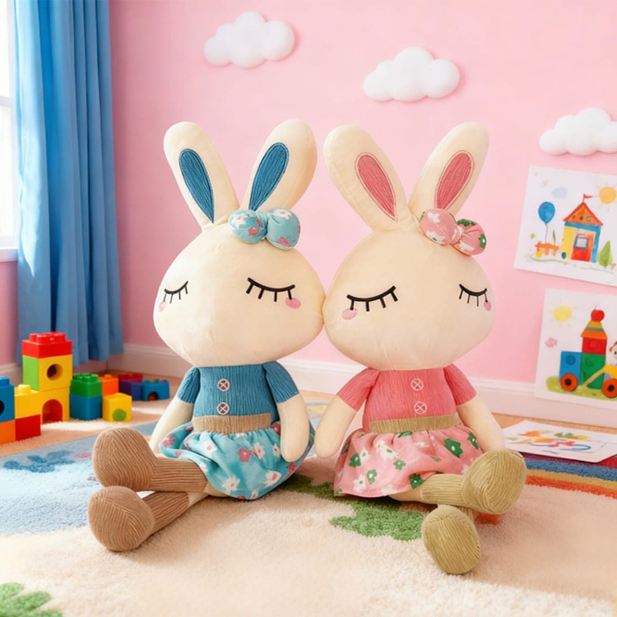Set of 2 Easter Bunny Plush for Kids, 18.3" Easter Stuffed Animal, Big Rabbit Toys Cute Birthday Gifts for Boy Girl, Pink & Blue thumbnail 3