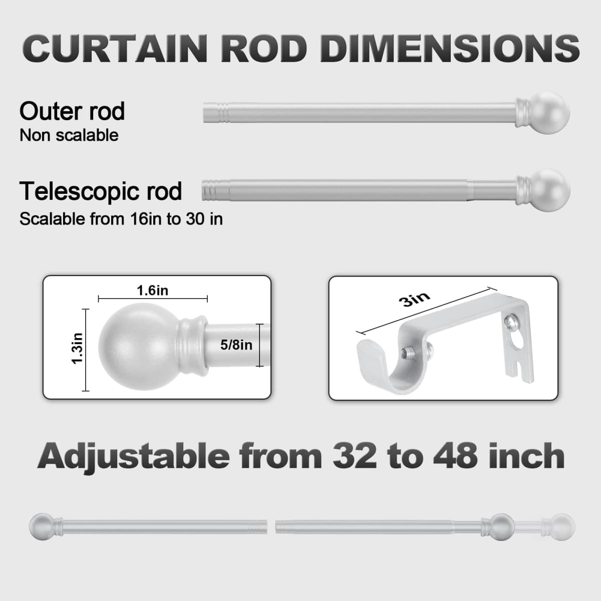 Authandis Silver Curtain Rods for Windows with Brackets,5/8 Inch Diameter Small Window Curtain Rod Adjustable 32 to 48 Inches,Easy Install Drapery Rods,Gray thumbnail 3