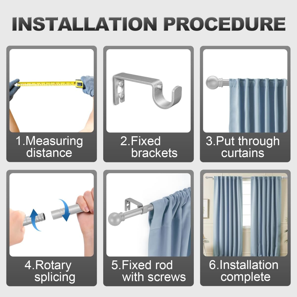 Authandis Silver Curtain Rods for Windows with Brackets,5/8 Inch Diameter Small Window Curtain Rod Adjustable 32 to 48 Inches,Easy Install Drapery Rods,Gray thumbnail 5