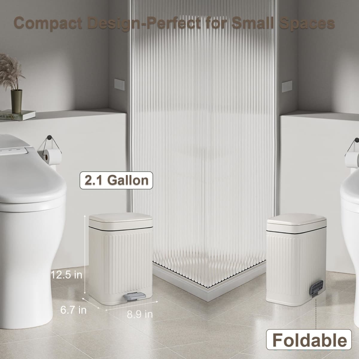 rejomiik Small Bathroom Trash Can with Lid 2.1 Gallon Soft Close Step Slim Garbage Can Waste Bin for Office, Bedroom, Kitchen, Cream thumbnail 2