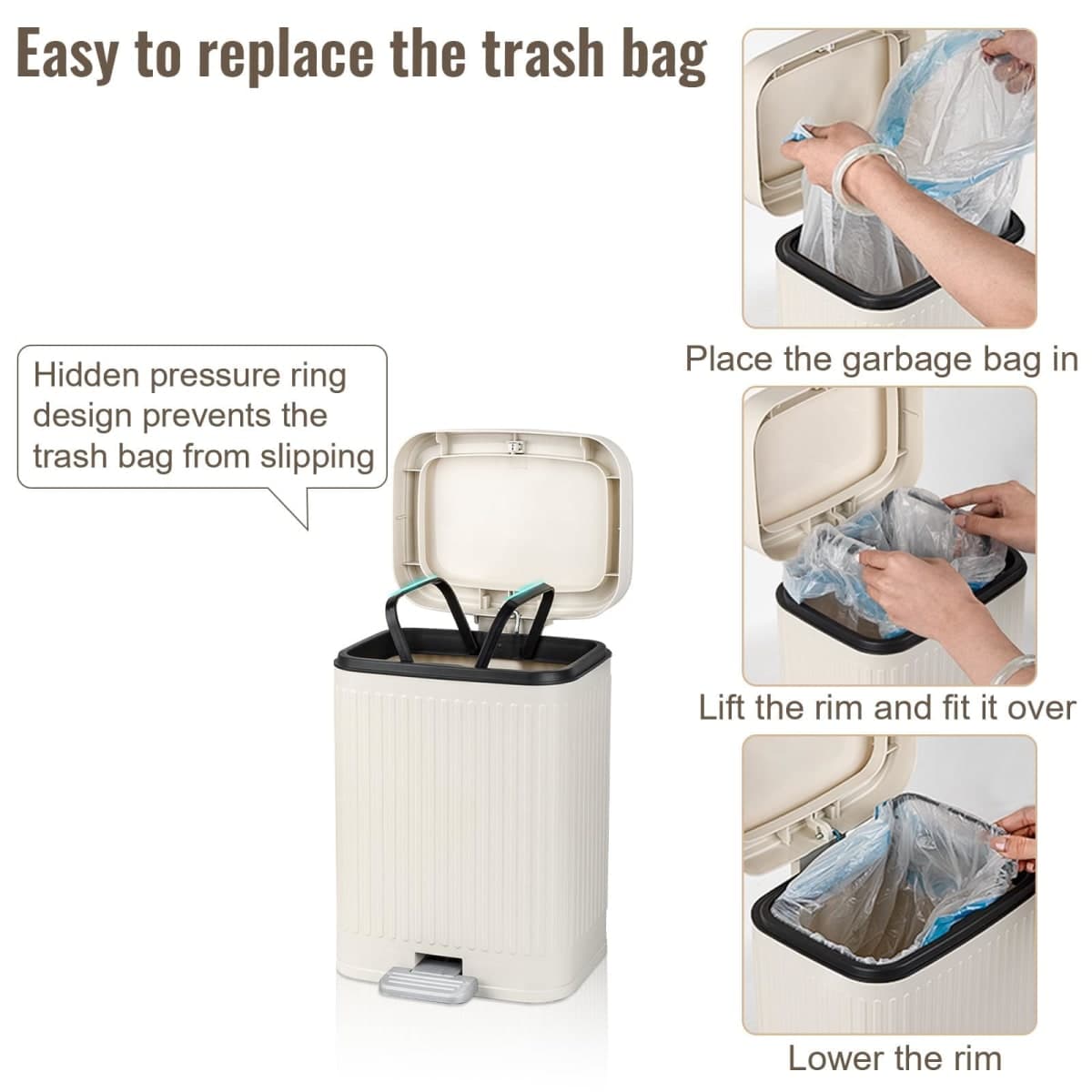 rejomiik Small Bathroom Trash Can with Lid 2.1 Gallon Soft Close Step Slim Garbage Can Waste Bin for Office, Bedroom, Kitchen, Cream thumbnail 5