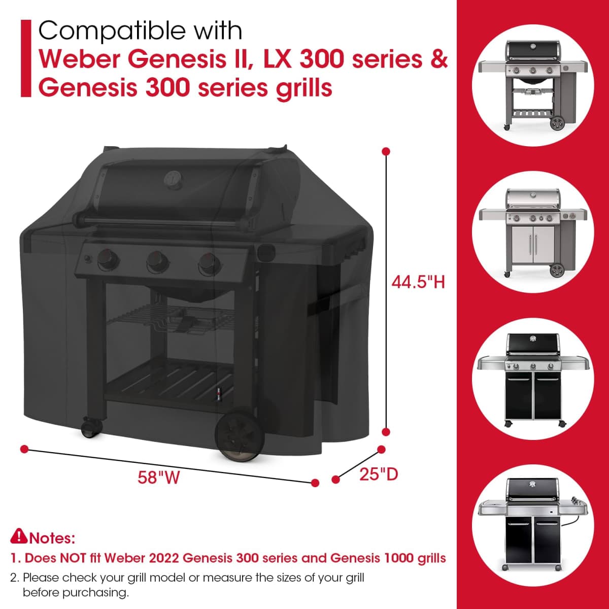Unicook 58 Inch BBQ Grill Cover, Heavy Duty Waterproof Barbecue Cover, Fade and UV Resistant, Compatible with Weber Genesis II LX 300 Series, Genesis 300 Series Gas Grills, and More thumbnail 2