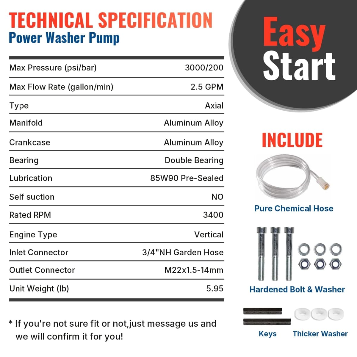 YAMATIC 7/8" Shaft Vertical Pressure Washer Pump 3000 PSI @ 2.5 GPM Replacement Pump for Power Washer, Compatible with GCV160, GCV190, Homelite, Troybilt, Ryobi, Rear Facing Inlet/Outlet thumbnail 4