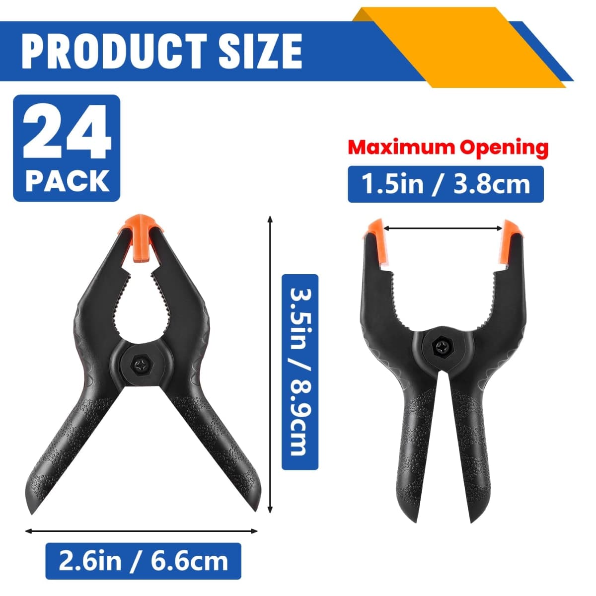 24 Pack 3.5 inch Plastic Spring Clamps, Black Heavy Duty Clips, Backdrop Clips, Plastic Clamps for Crafts, Backdrop Stand, Woodworking, Photography thumbnail 2