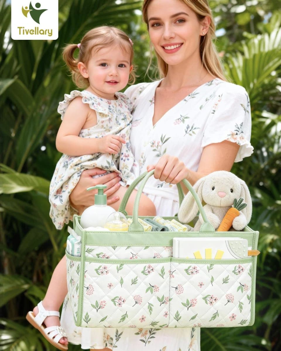 Tivellary Baby Diaper Caddy Organizer – Stylish Storage Basket for Newborn Essentials, Nursery & Diaper Station, Registry Must-Have, Sage Green Botanical thumbnail 2