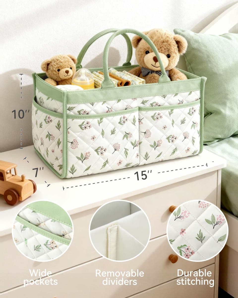 Tivellary Baby Diaper Caddy Organizer – Stylish Storage Basket for Newborn Essentials, Nursery & Diaper Station, Registry Must-Have, Sage Green Botanical thumbnail 3