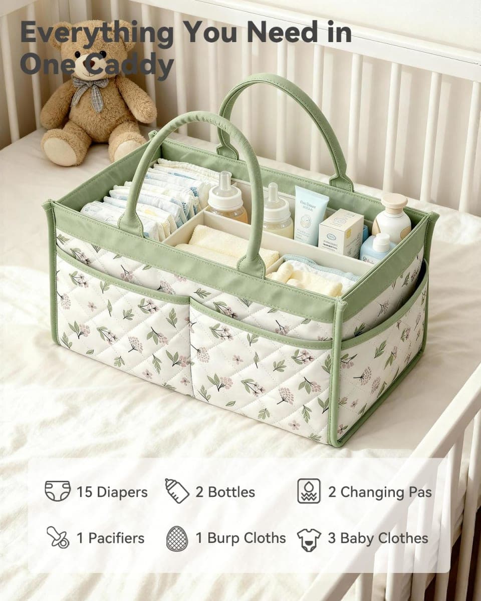 Tivellary Baby Diaper Caddy Organizer – Stylish Storage Basket for Newborn Essentials, Nursery & Diaper Station, Registry Must-Have, Sage Green Botanical thumbnail 4