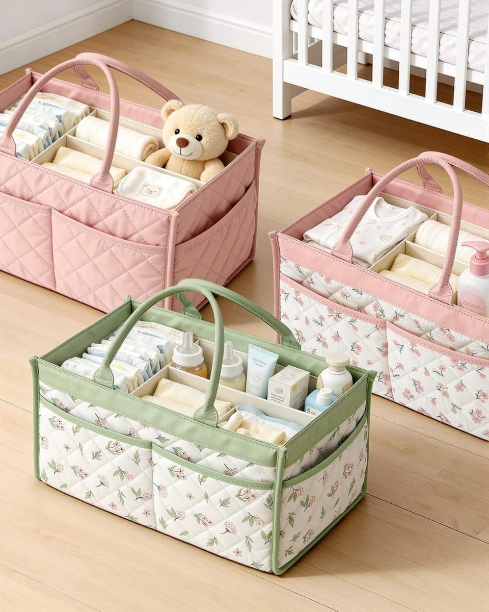 Tivellary Baby Diaper Caddy Organizer – Stylish Storage Basket for Newborn Essentials, Nursery & Diaper Station, Registry Must-Have, Sage Green Botanical thumbnail 5