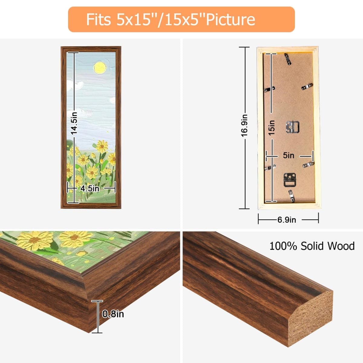 5x15 Wood Frame Brown, Rustic Natural Wooden 15x5in Poster Picture Frame, Distressed 5 x 15inch Woodgrain Gallery Photo Frame with HD Plexiglass, Horizontal Vertical Wall Mounting Display 1pcs thumbnail 5