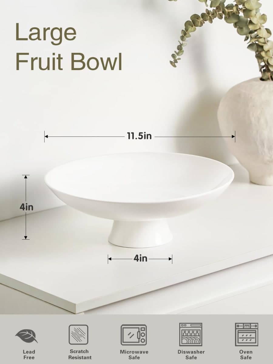 Kanwone Large Fruit Bowl for Kitchen Counter - Decorative Bowls for Home Décor - Ceramic Fruit Bowl, Pedestal Bowl - Modern Key Bowl for Entryway Table - 11.5 Inches, White thumbnail 2