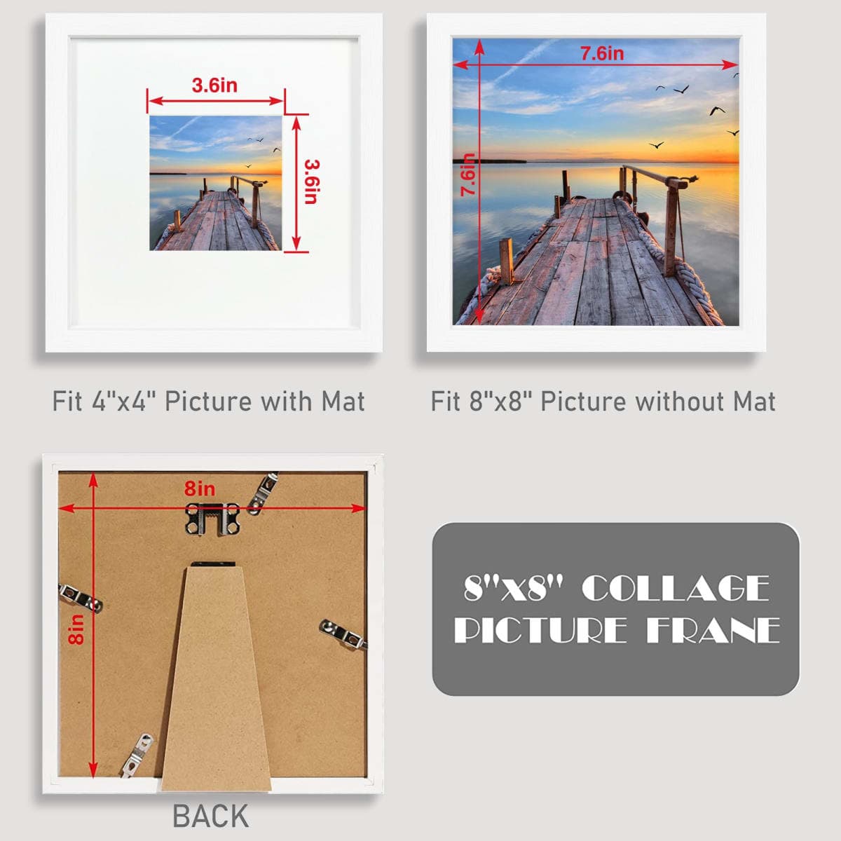 Hongkee 8x8 Picture Frames with Real Glass, White Wooden Square Photo frame Set of 3, Displays 4x4 Picture With Mat or 8x8 Without Mat, Desktop & Wall Collage Frame set thumbnail 2