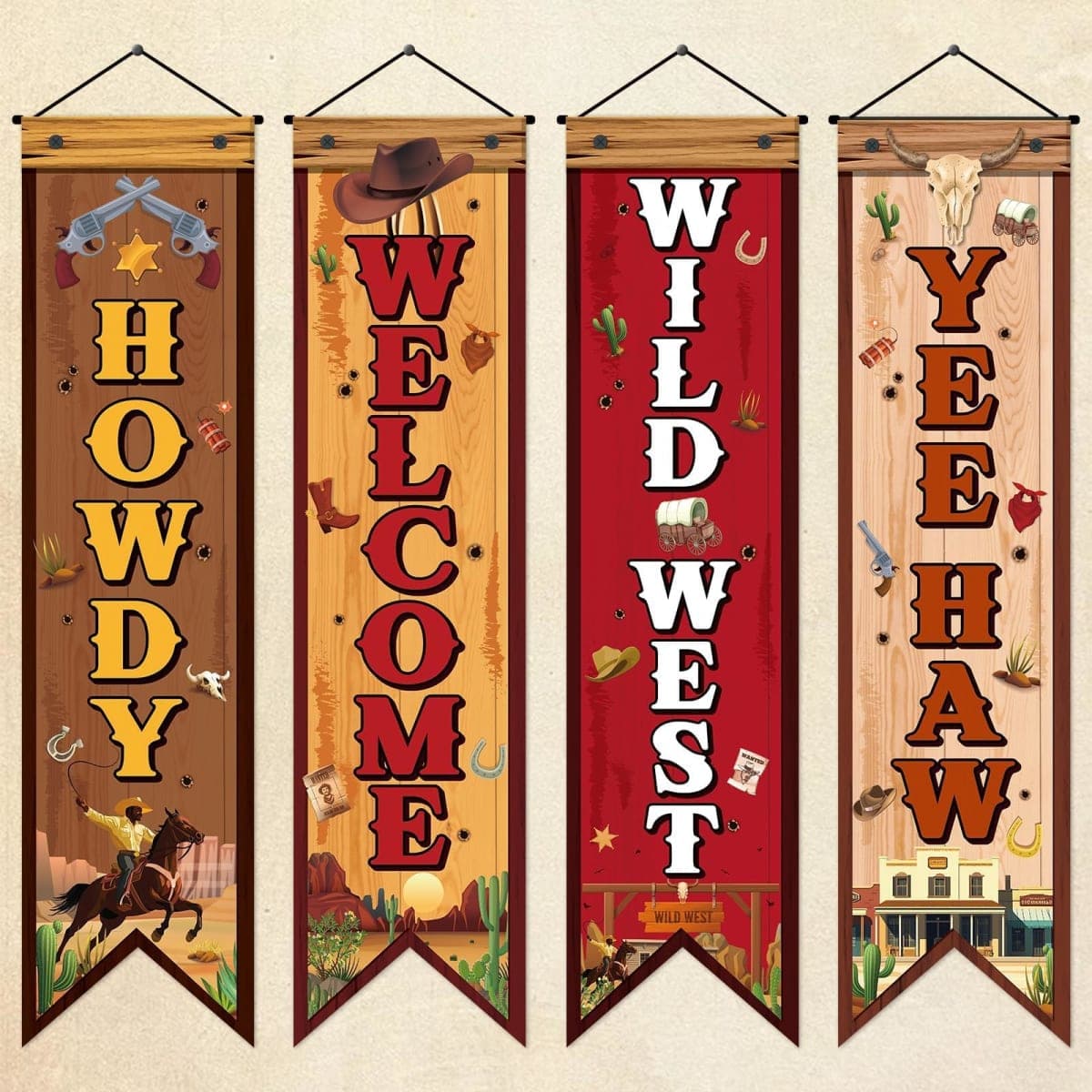 4 Pcs Western Cowboy Party Decorations Wild West Banner Howdy Yes Haw Welcome Hanging Decor Rustic Western Porch Sign Cowboy Rodeo Door Decorations for Bar Birthday Photo Props Vintage Party Supplies — image 1