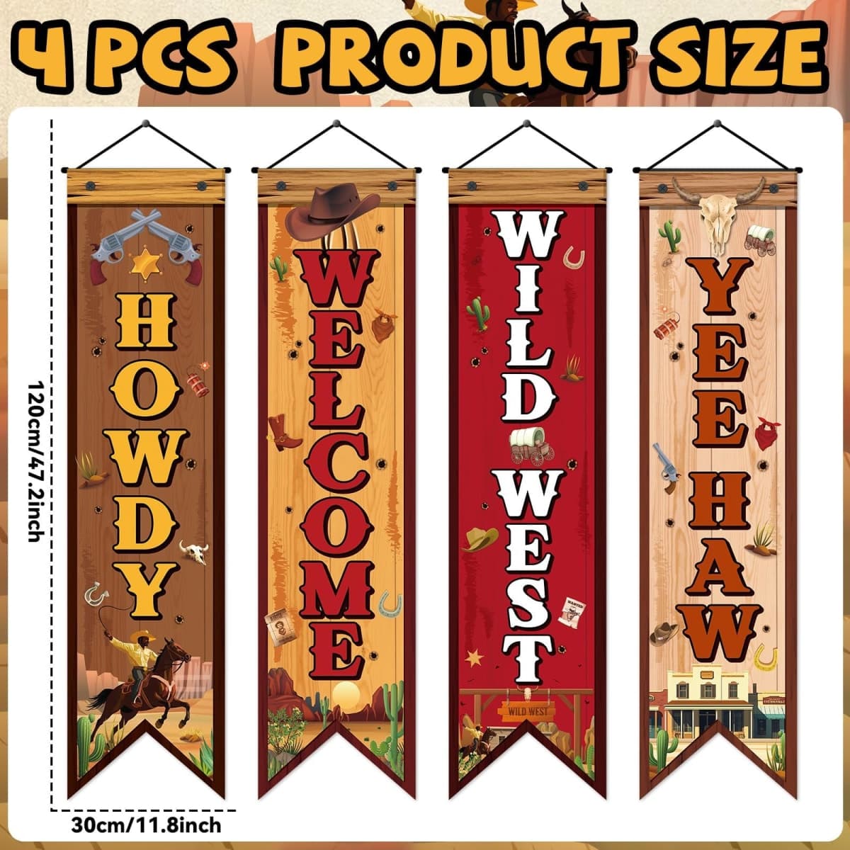 4 Pcs Western Cowboy Party Decorations Wild West Banner Howdy Yes Haw Welcome Hanging Decor Rustic Western Porch Sign Cowboy Rodeo Door Decorations for Bar Birthday Photo Props Vintage Party Supplies thumbnail 2