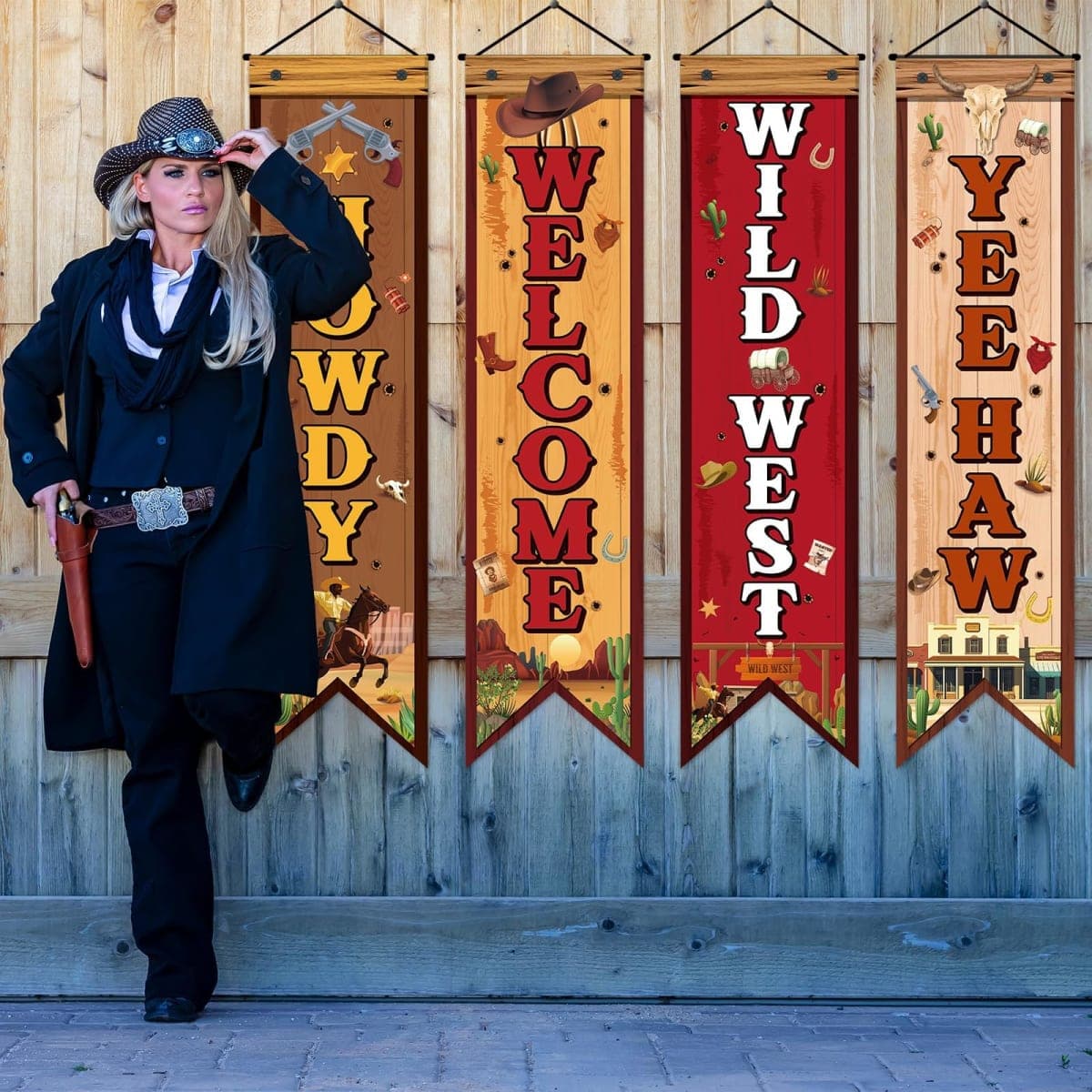 4 Pcs Western Cowboy Party Decorations Wild West Banner Howdy Yes Haw Welcome Hanging Decor Rustic Western Porch Sign Cowboy Rodeo Door Decorations for Bar Birthday Photo Props Vintage Party Supplies thumbnail 4
