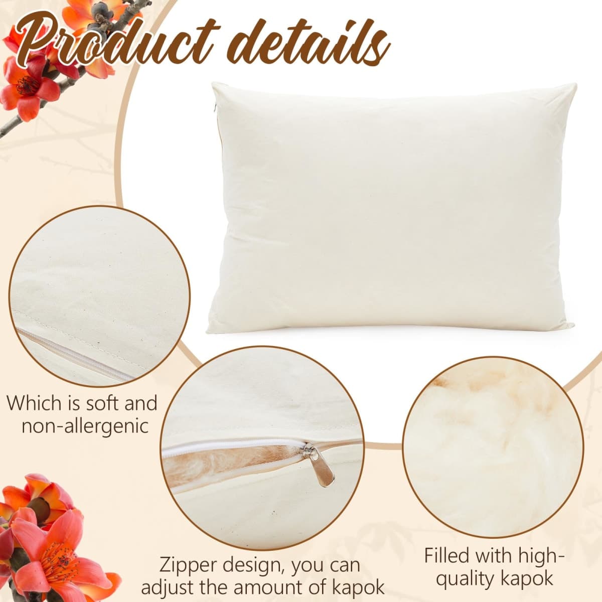 Leinuosen Organic Kapok Pillow 26" x 20" Natural Kapok Fiber Filled Sleeping Pillows with Breathable Cotton Shell, Adjustable Height Soft and Supportive for Comfort Sleeping thumbnail 3
