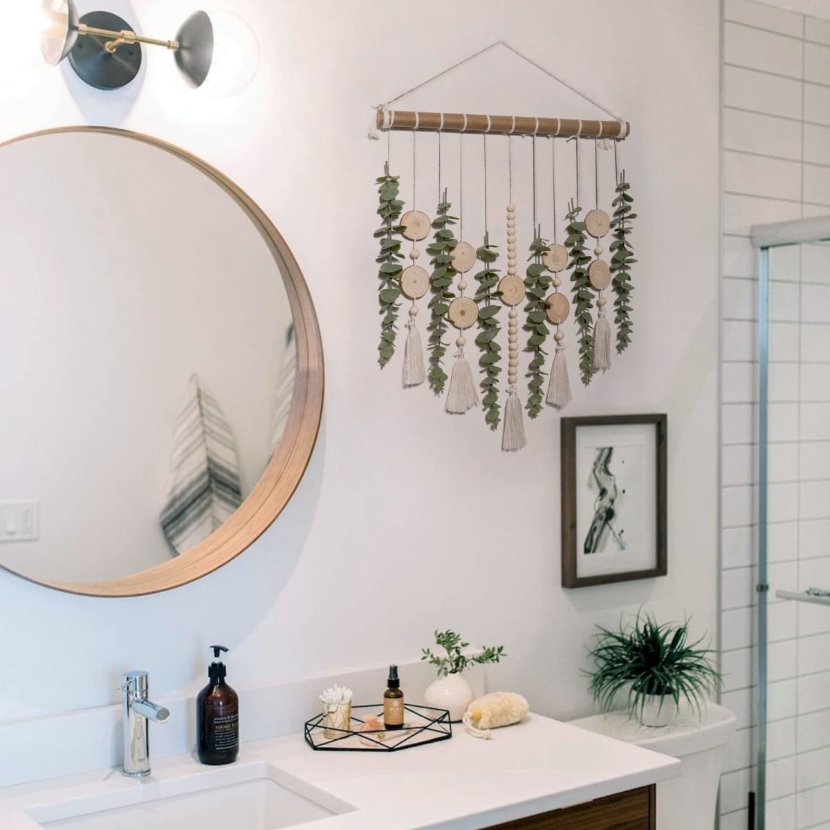 Bathroom Decor Artificial Eucalyptus Hanging Wall Decor Fake Eucalyptus Greenery Leaves Stems Wall Hanging Plants on 16.5 inch Wooden Stick Boho Rustic Farmhouse Decor for Bedroom Kitchen Dining Room thumbnail 2