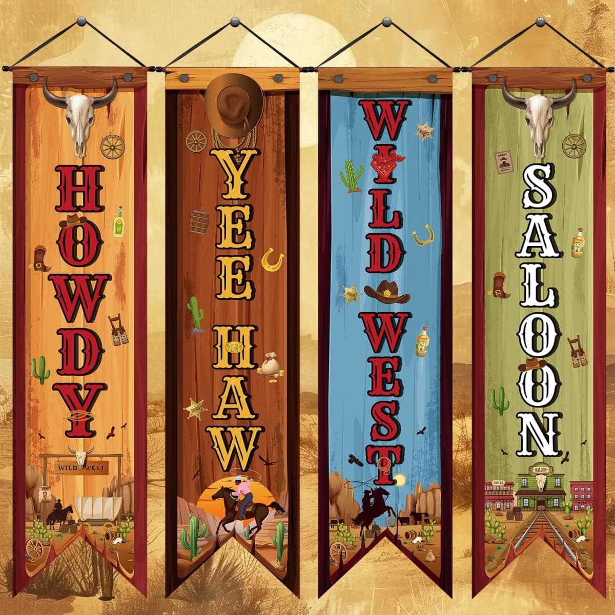 Chiisong 4 Western Party Decorations Cowboy Banners Wild West Hanging Decor Howdy Yes Haw Porch Sign Backdrops for Indoor Outdoor Cowboy Birthday Photo Props Wedding Party Supplies (Wild) — image 1