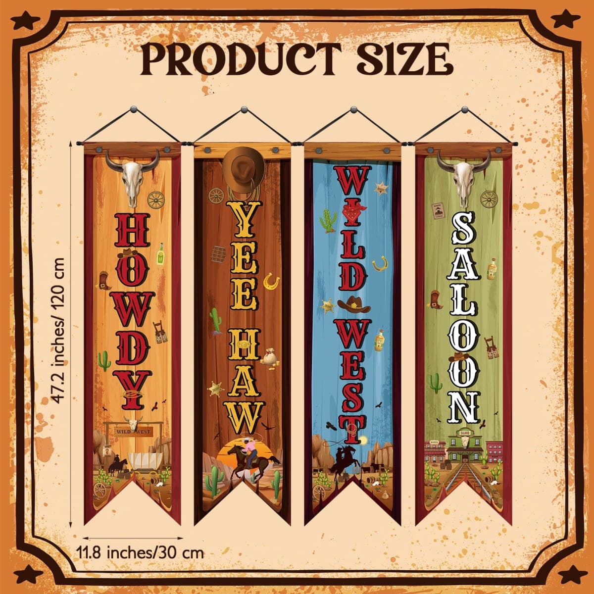 Chiisong 4 Western Party Decorations Cowboy Banners Wild West Hanging Decor Howdy Yes Haw Porch Sign Backdrops for Indoor Outdoor Cowboy Birthday Photo Props Wedding Party Supplies (Wild) thumbnail 2