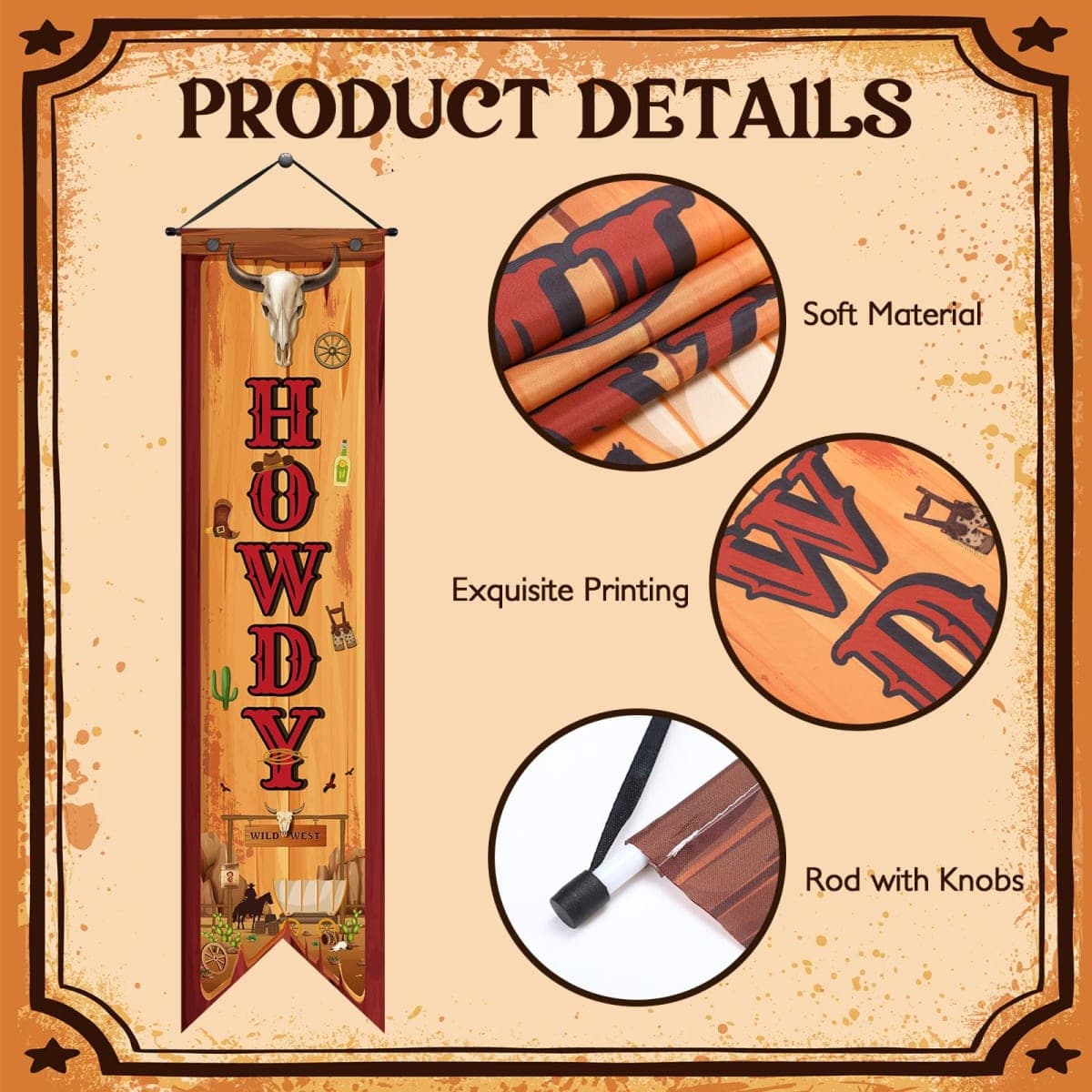 Chiisong 4 Western Party Decorations Cowboy Banners Wild West Hanging Decor Howdy Yes Haw Porch Sign Backdrops for Indoor Outdoor Cowboy Birthday Photo Props Wedding Party Supplies (Wild) thumbnail 3