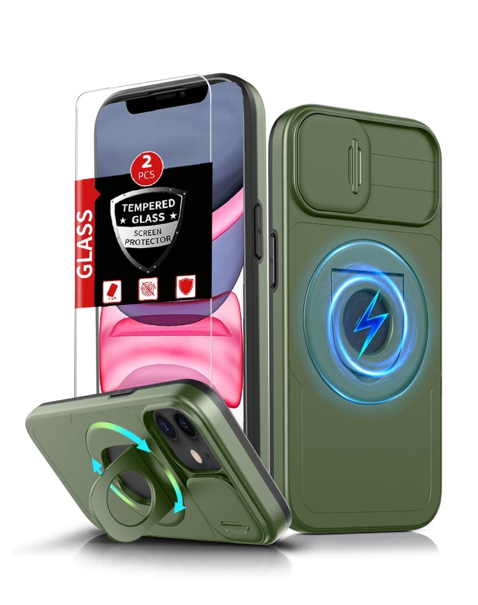 FRLMOOES for iPhone XR Case Magnetic Compatible with MagSafe Wireless Charging,with 2 Screen Protectors,Built-in Kickstand Ring,with Camera Cover Shock-Absorbent Shockproof Heavy Duty Protection Green — image 1