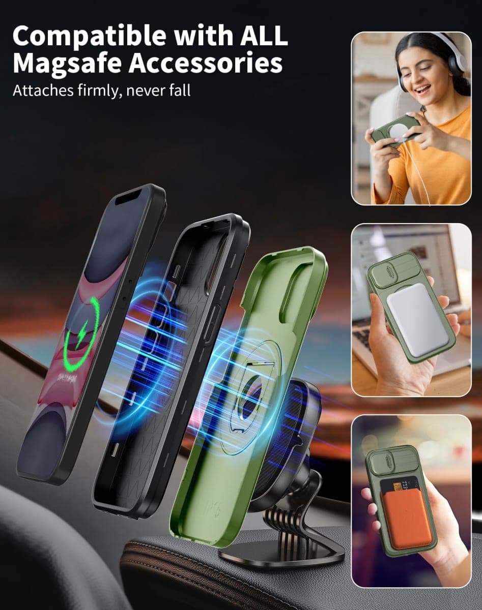 FRLMOOES for iPhone XR Case Magnetic Compatible with MagSafe Wireless Charging,with 2 Screen Protectors,Built-in Kickstand Ring,with Camera Cover Shock-Absorbent Shockproof Heavy Duty Protection Green thumbnail 2