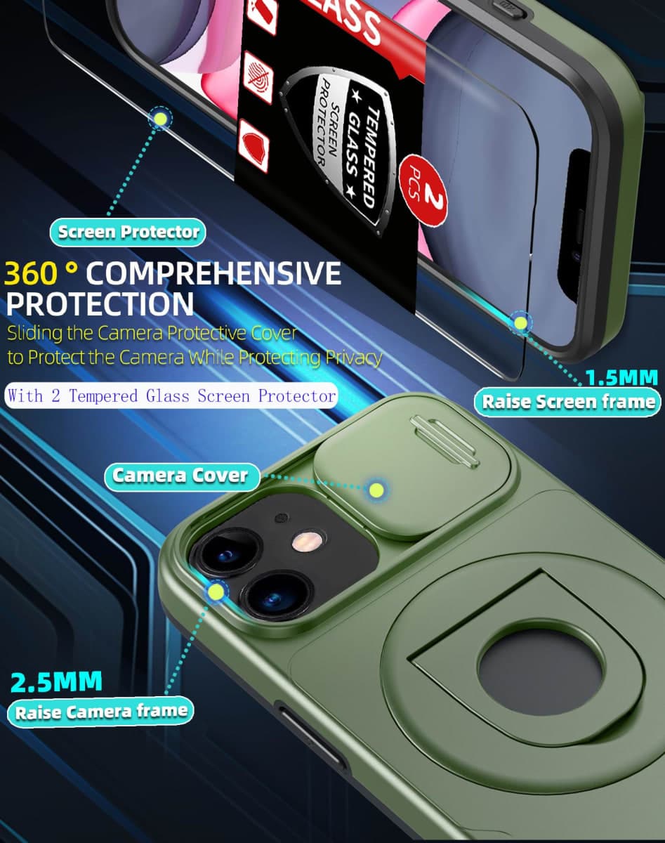 FRLMOOES for iPhone XR Case Magnetic Compatible with MagSafe Wireless Charging,with 2 Screen Protectors,Built-in Kickstand Ring,with Camera Cover Shock-Absorbent Shockproof Heavy Duty Protection Green thumbnail 3