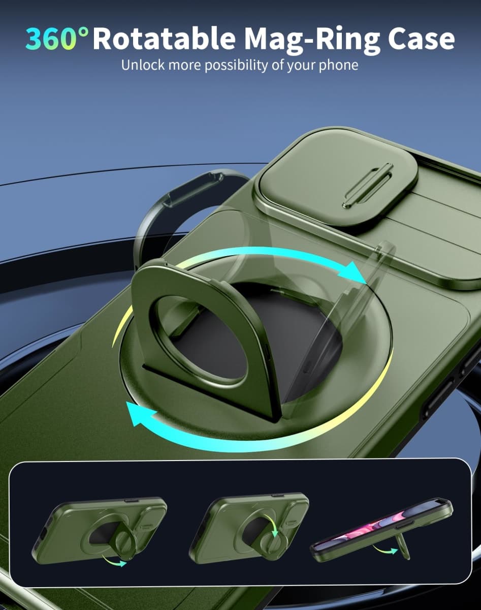 FRLMOOES for iPhone XR Case Magnetic Compatible with MagSafe Wireless Charging,with 2 Screen Protectors,Built-in Kickstand Ring,with Camera Cover Shock-Absorbent Shockproof Heavy Duty Protection Green thumbnail 5