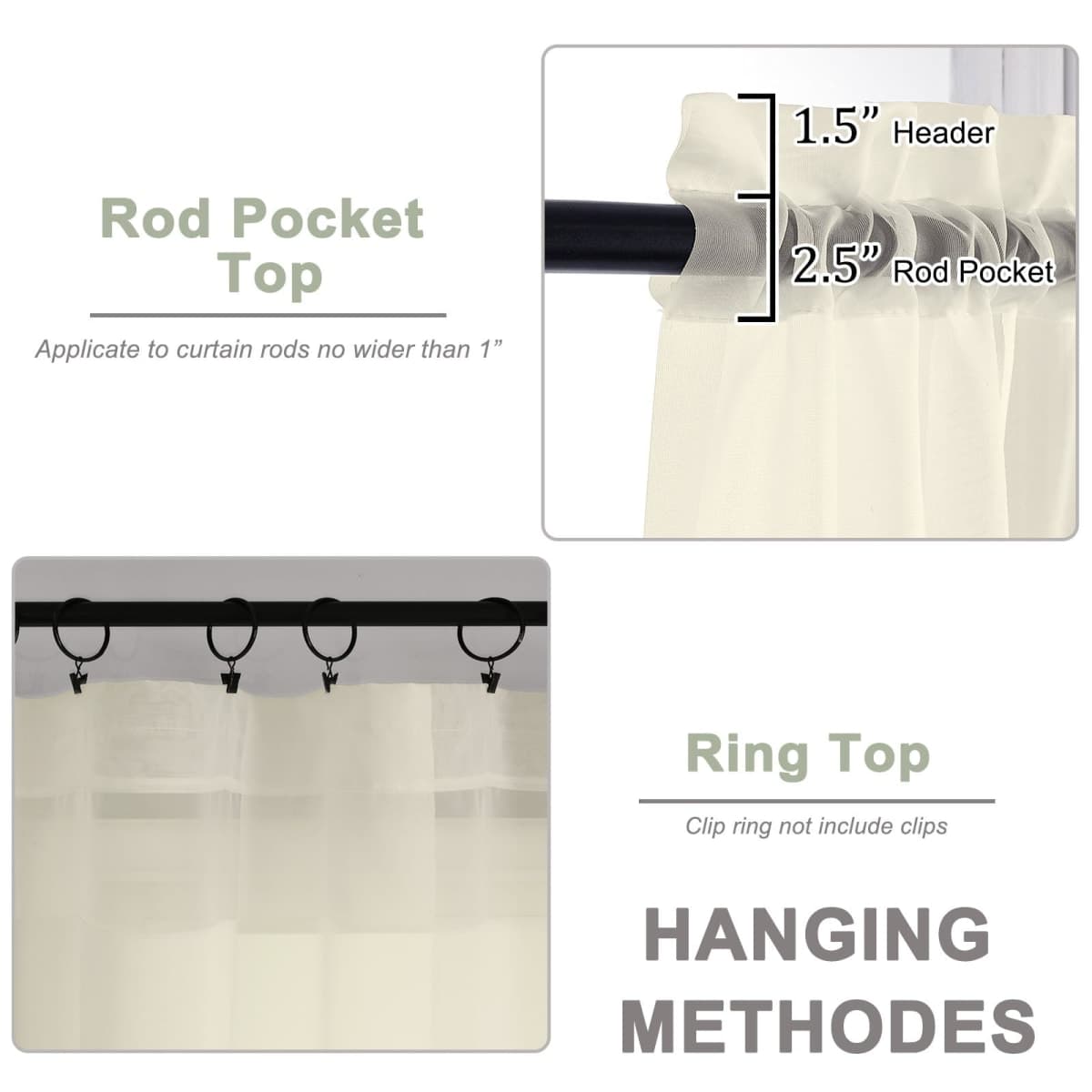 OWENIE Cream Sheer Curtains 72 Inches Long 2 Panels Set, Transparent Voile Sheer Curtain for Living Room Bedroom Window Sliding Glass Door Treatment, 59 x 72 Inch, Cream thumbnail 4
