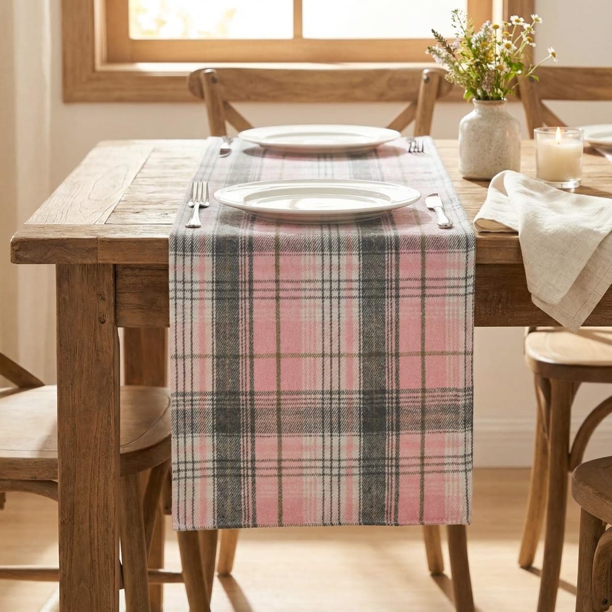 Artoid Mode Pink Grey Farmhouse Plaid Spring Table Runner, Winter Rustic Holiday Check Kitchen Dining Table Decoration for Home Party Decor 13x36 Inch thumbnail 2