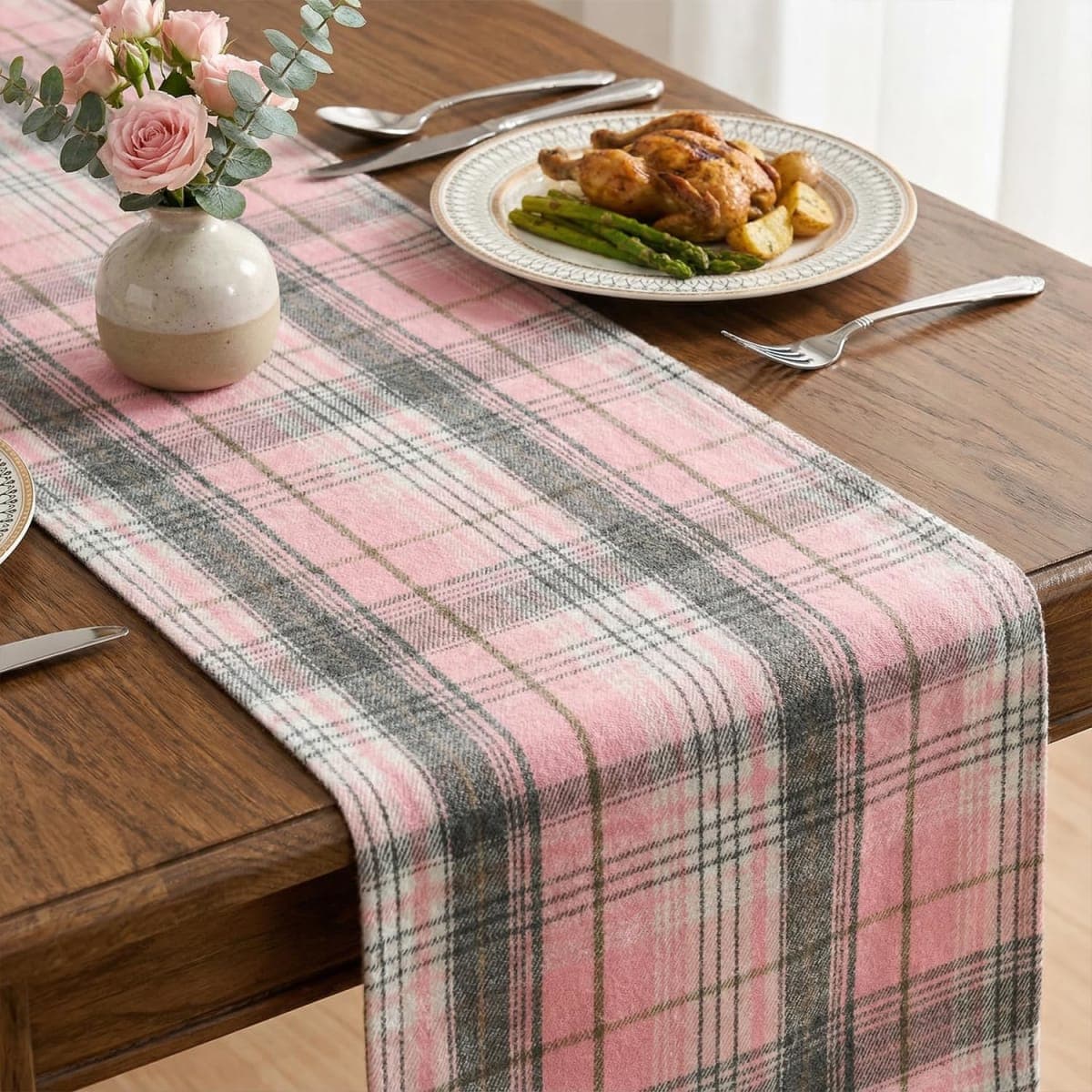 Artoid Mode Pink Grey Farmhouse Plaid Spring Table Runner, Winter Rustic Holiday Check Kitchen Dining Table Decoration for Home Party Decor 13x36 Inch thumbnail 3