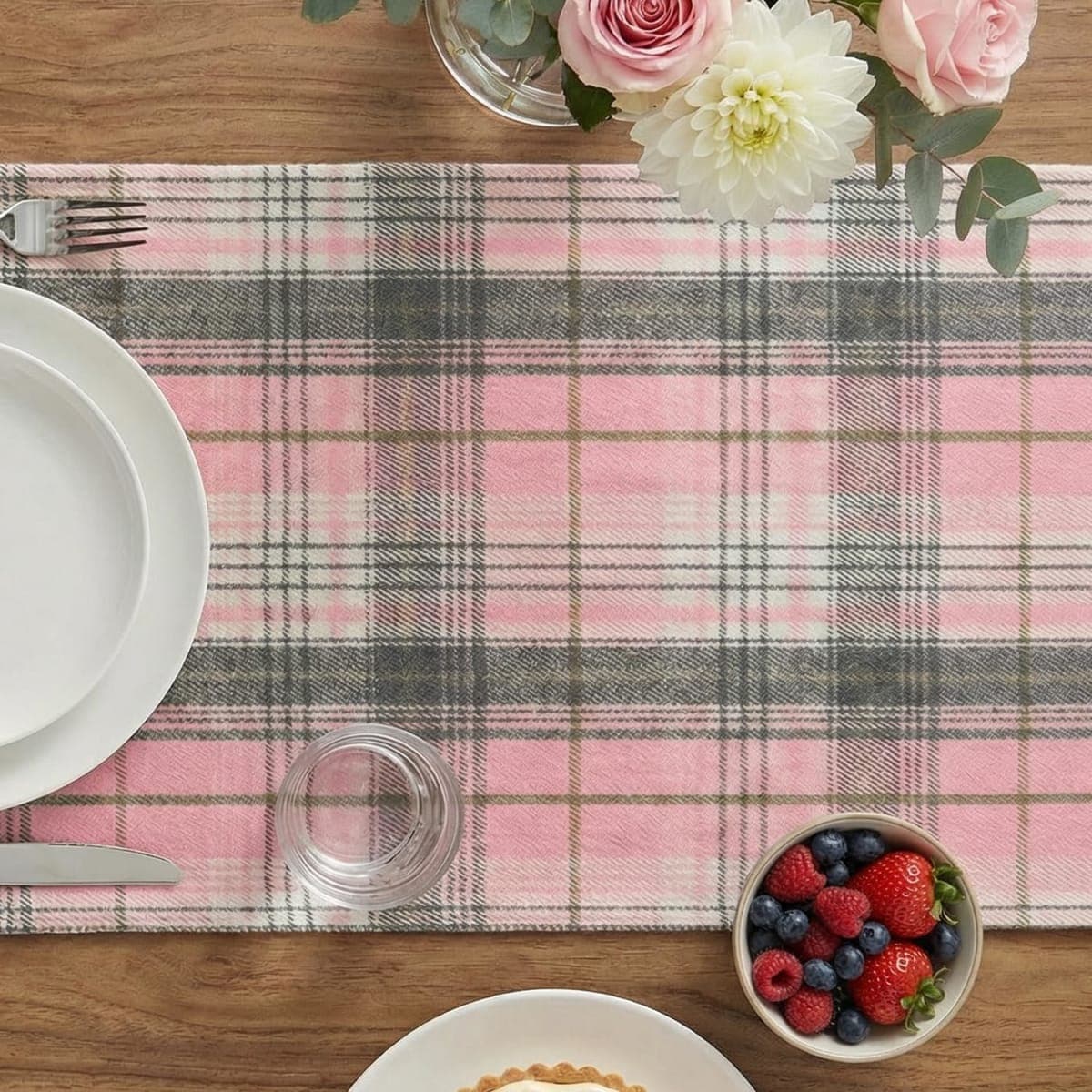 Artoid Mode Pink Grey Farmhouse Plaid Spring Table Runner, Winter Rustic Holiday Check Kitchen Dining Table Decoration for Home Party Decor 13x36 Inch thumbnail 4