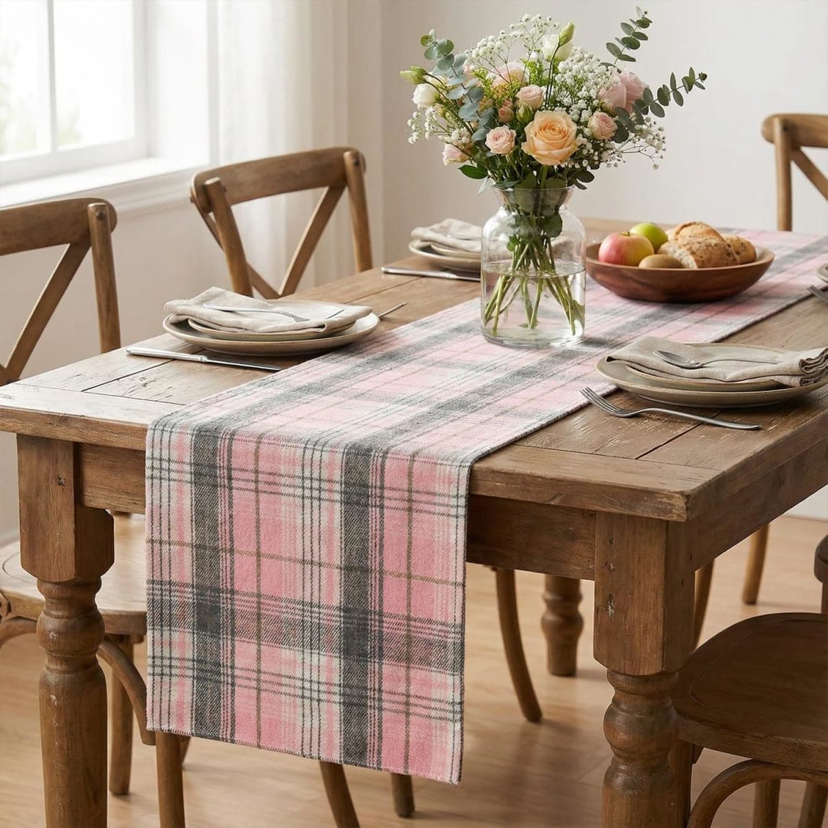 Artoid Mode Pink Grey Farmhouse Plaid Spring Table Runner, Winter Rustic Holiday Check Kitchen Dining Table Decoration for Home Party Decor 13x36 Inch thumbnail 5