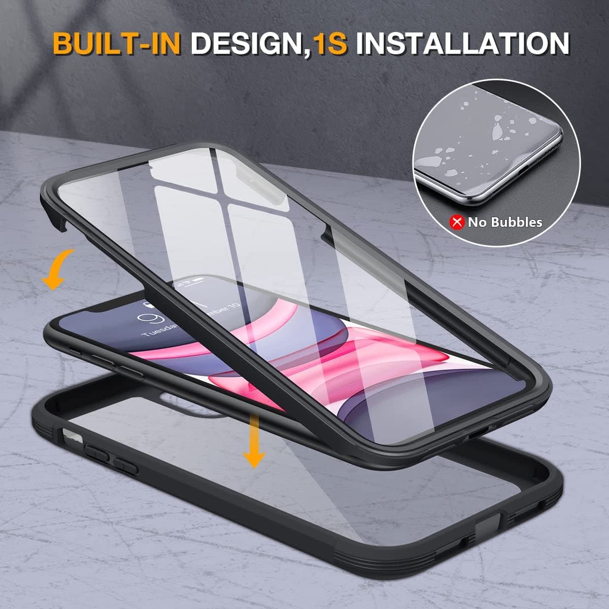 Miracase Cellular Phone Case for iPhone 11, Glass Series - 360° Rugged Bumper with Built-in 9H Tempered Glass Screen & Camera Protector (Black) thumbnail 2