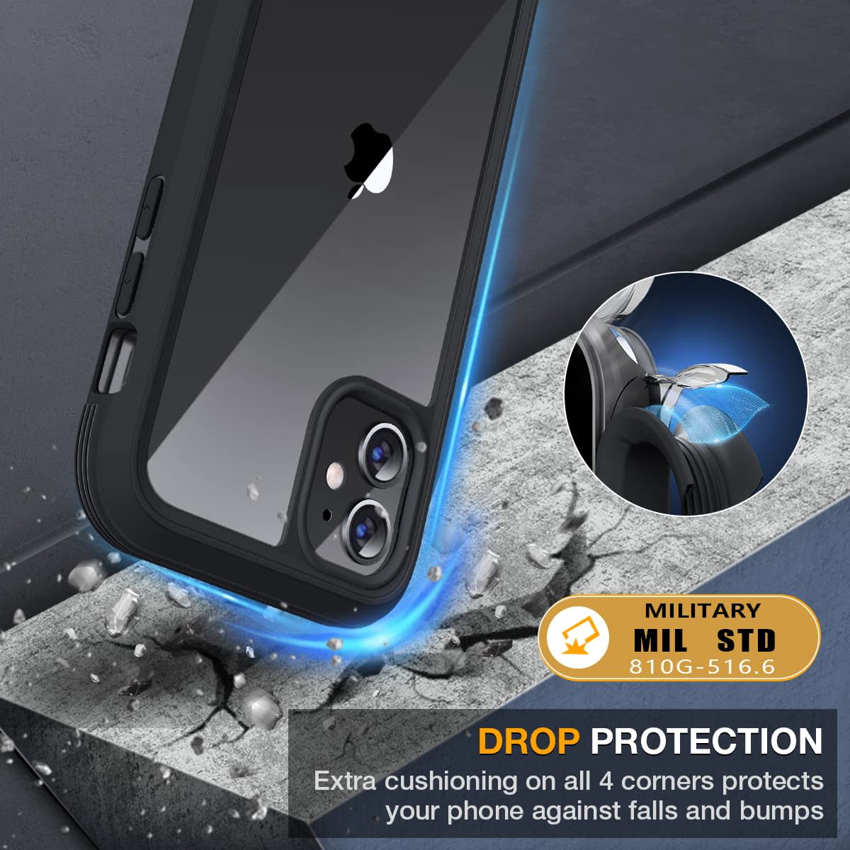 Miracase Cellular Phone Case for iPhone 11, Glass Series - 360° Rugged Bumper with Built-in 9H Tempered Glass Screen & Camera Protector (Black) thumbnail 3