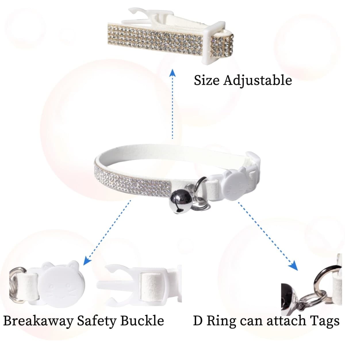 Rhinestone Cat Collar Breakaway with Bell Safety Buckle, Adjustable Diamond Girl Boy Kitty Cute Comfy Collar for Kitten Tiny Little Pets Rabbits, 6"-9" White Extra Small thumbnail 2