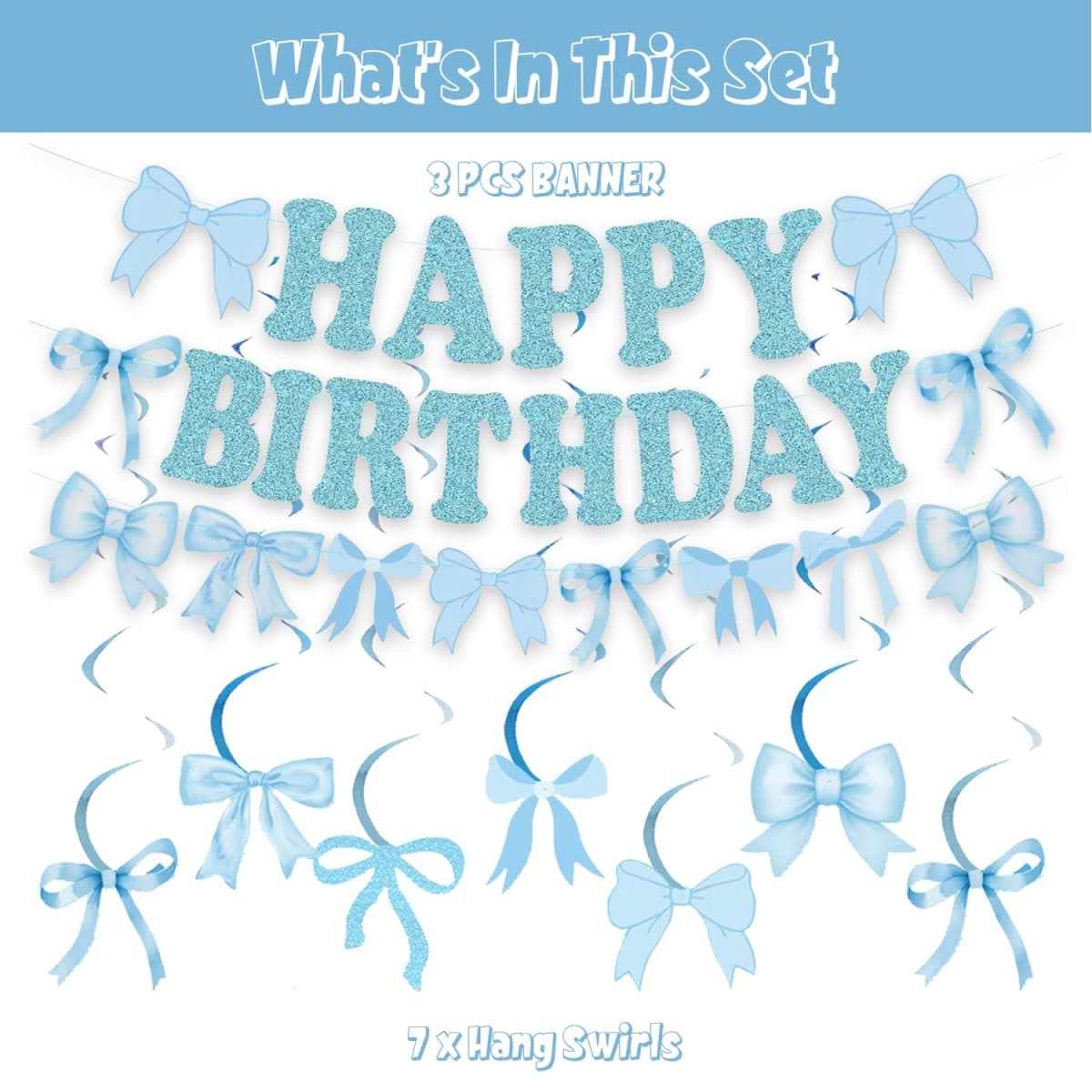 Blue Bow Party Decorations Happy Birthday Banner Garland and Hanging Swirls Bow Knot Bachelorette Party Decoration Set for Girls Wedding Birdal Shower Birthday Party Supplies thumbnail 2