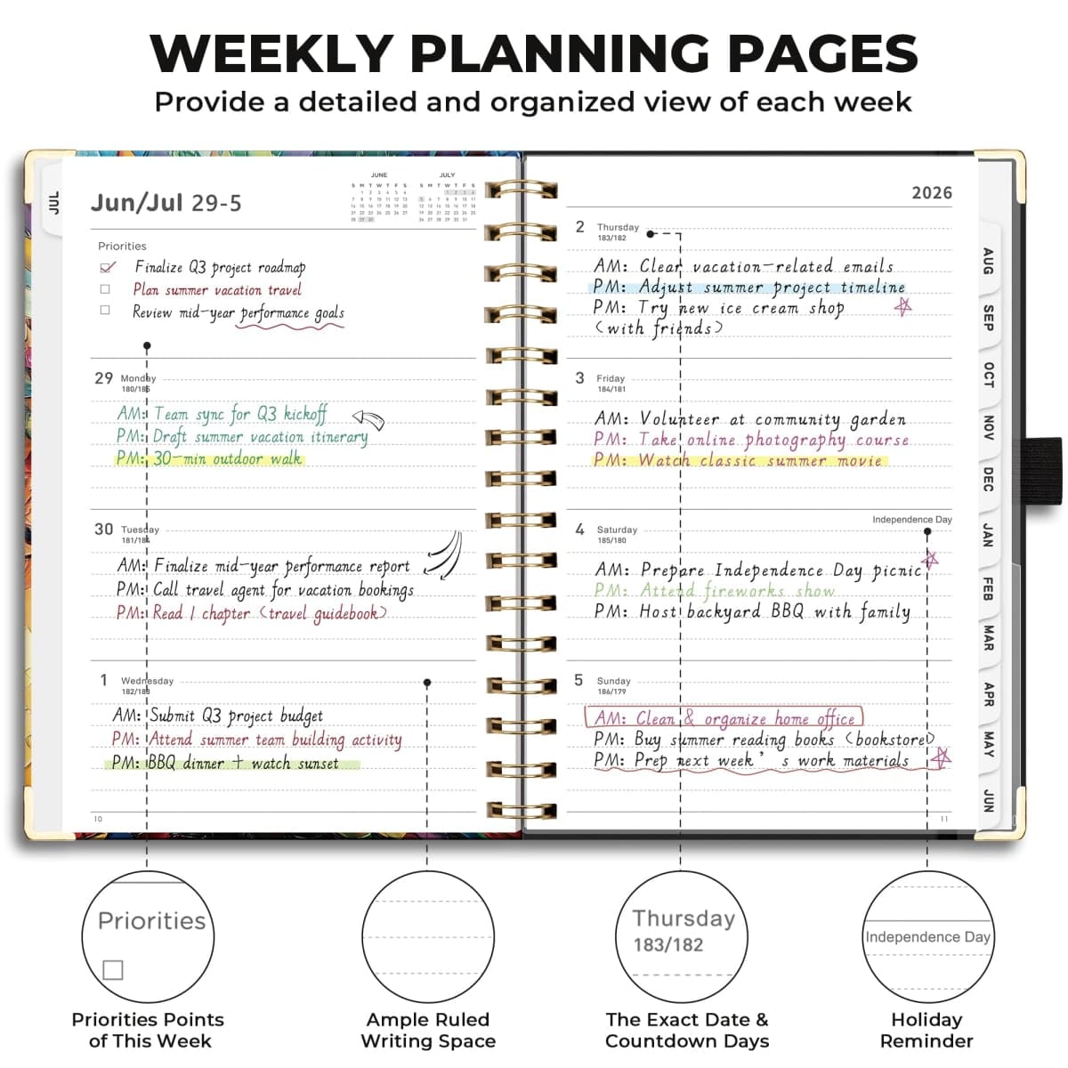 AHGXG Academic Planner 2026-2027, July 2026 - June 2027, Weekly and Monthly, 5.7" x 8.3", Hardcover, Spiral-Bound, for Women, Teacher, Student, School, 12-Month Tabs (Colourful Tree) thumbnail 3