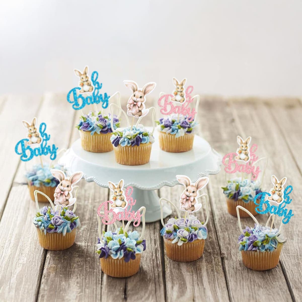 Gyufise 24Pcs Easter Bunny Oh Baby Cupcake Toppers Rabbit Baby Shower Cupcake Pick Decorations for Easter Theme Spring Birthday Baby Shower Party Supplies Blue Pink thumbnail 4
