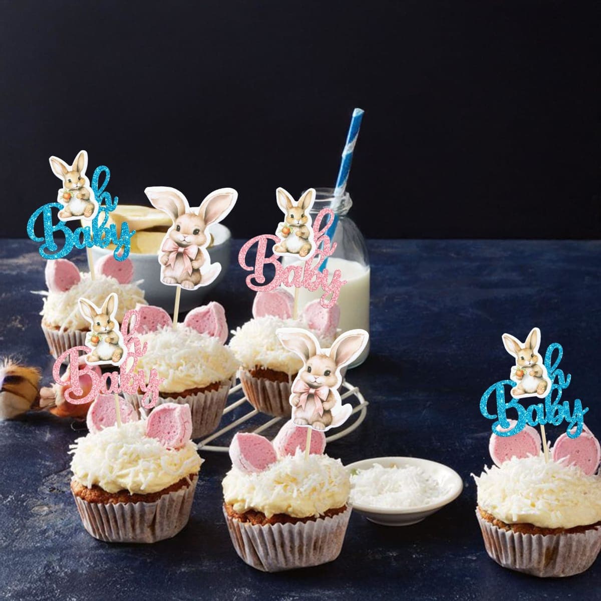 Gyufise 24Pcs Easter Bunny Oh Baby Cupcake Toppers Rabbit Baby Shower Cupcake Pick Decorations for Easter Theme Spring Birthday Baby Shower Party Supplies Blue Pink thumbnail 5