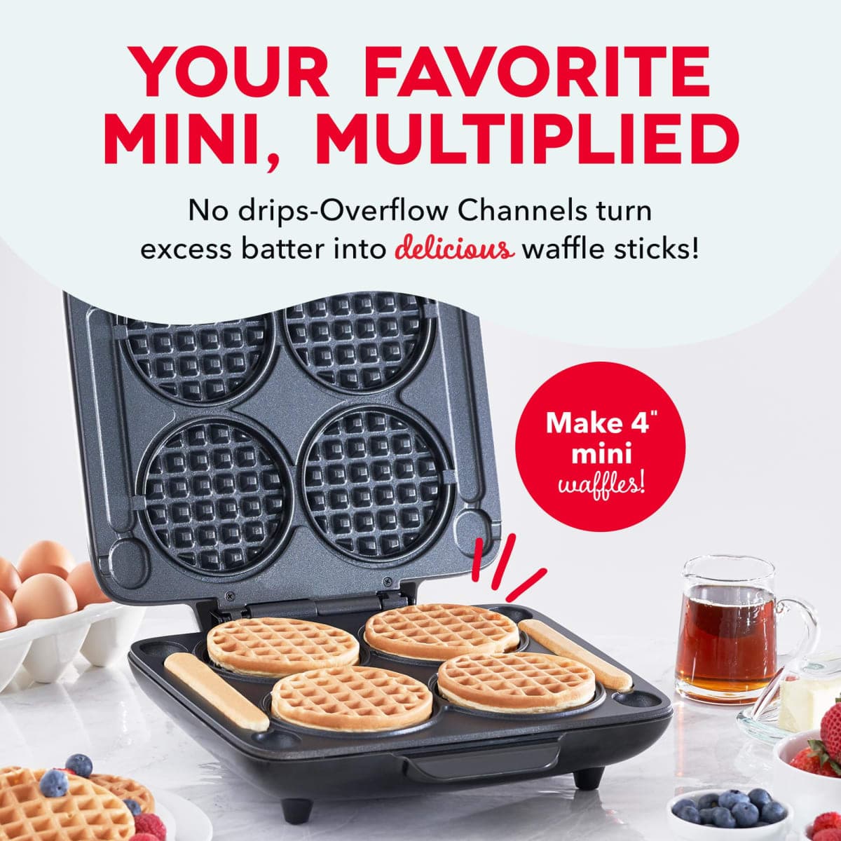 DASH Multi Mini Waffle Maker - Four 4” Waffle Molds, Nonstick Waffle Iron with Quick Heat-Up, Nonstick Surface - Perfect Mini Waffle Maker for Kids and Families, Just Add Batter thumbnail 2