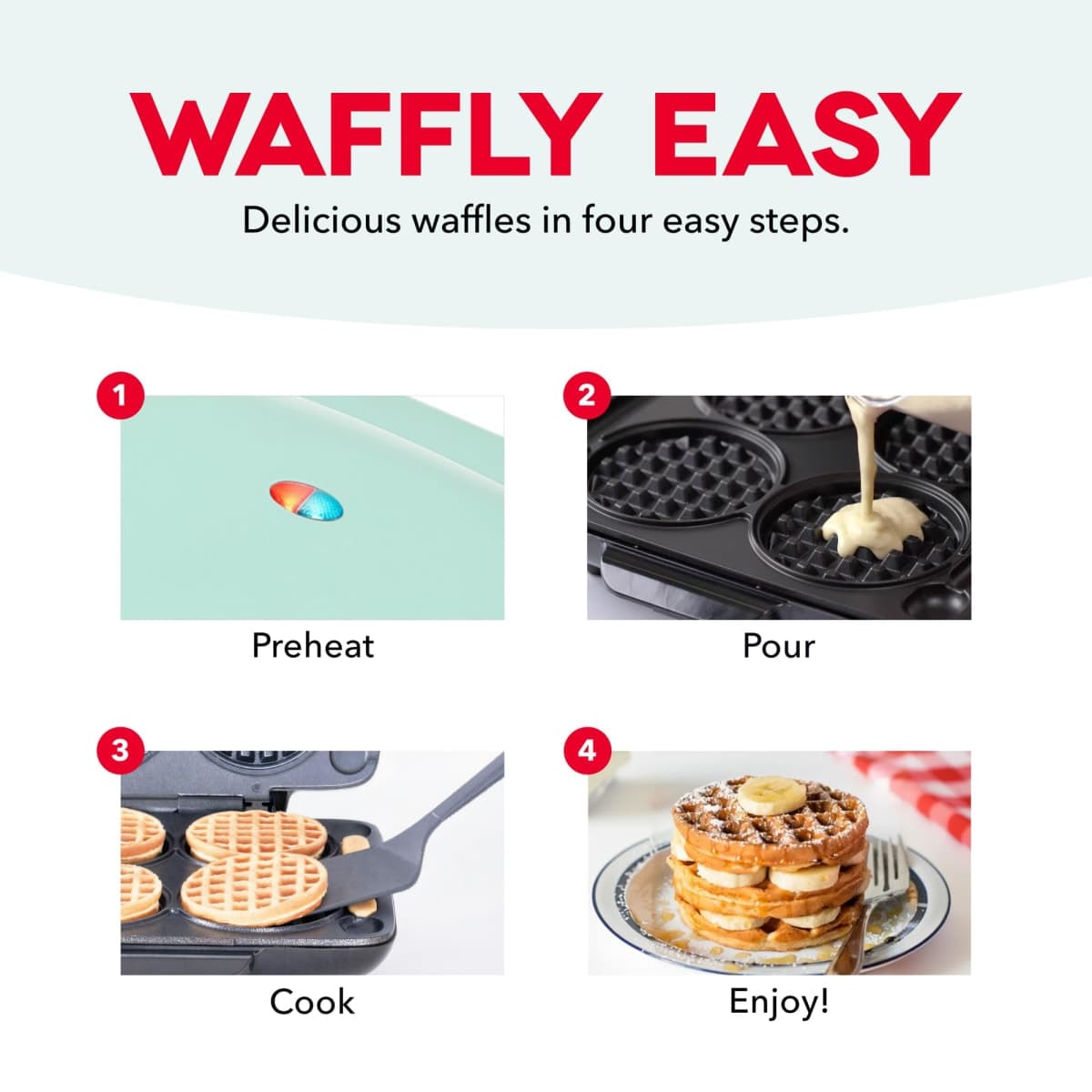DASH Multi Mini Waffle Maker - Four 4” Waffle Molds, Nonstick Waffle Iron with Quick Heat-Up, Nonstick Surface - Perfect Mini Waffle Maker for Kids and Families, Just Add Batter thumbnail 4