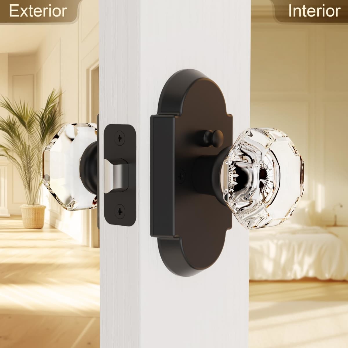 BonKuDoo Matte Black Crystal Door Knob, Privacy Glass Door Knob, Crystal Door Knobs with Lock for Bedroom Bathroom (1 Pack) thumbnail 3