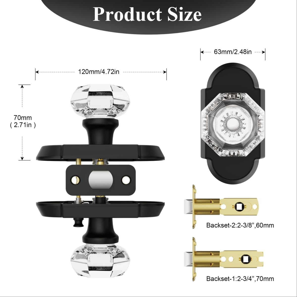 BonKuDoo Matte Black Crystal Door Knob, Privacy Glass Door Knob, Crystal Door Knobs with Lock for Bedroom Bathroom (1 Pack) thumbnail 4