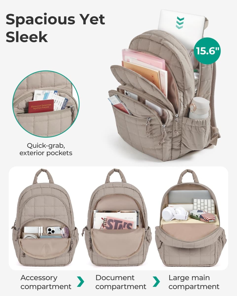 BAGSMART College Laptop Backpack, Travel Laptop Backpack for Women, Quilted Casual Daypack, Water-Resistant Bookbag for 15.6 Inch Laptop, Camel, Camel thumbnail 3