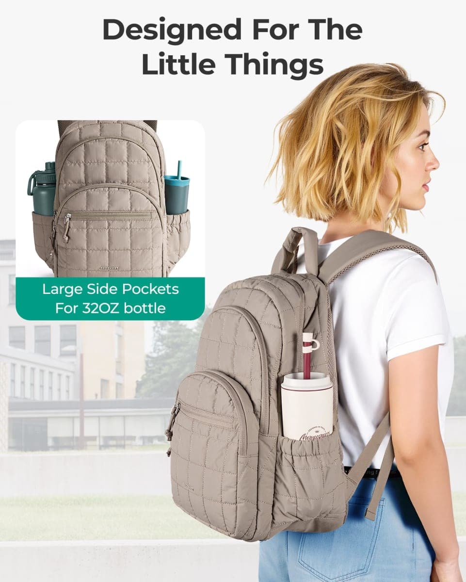 BAGSMART College Laptop Backpack, Travel Laptop Backpack for Women, Quilted Casual Daypack, Water-Resistant Bookbag for 15.6 Inch Laptop, Camel, Camel thumbnail 5