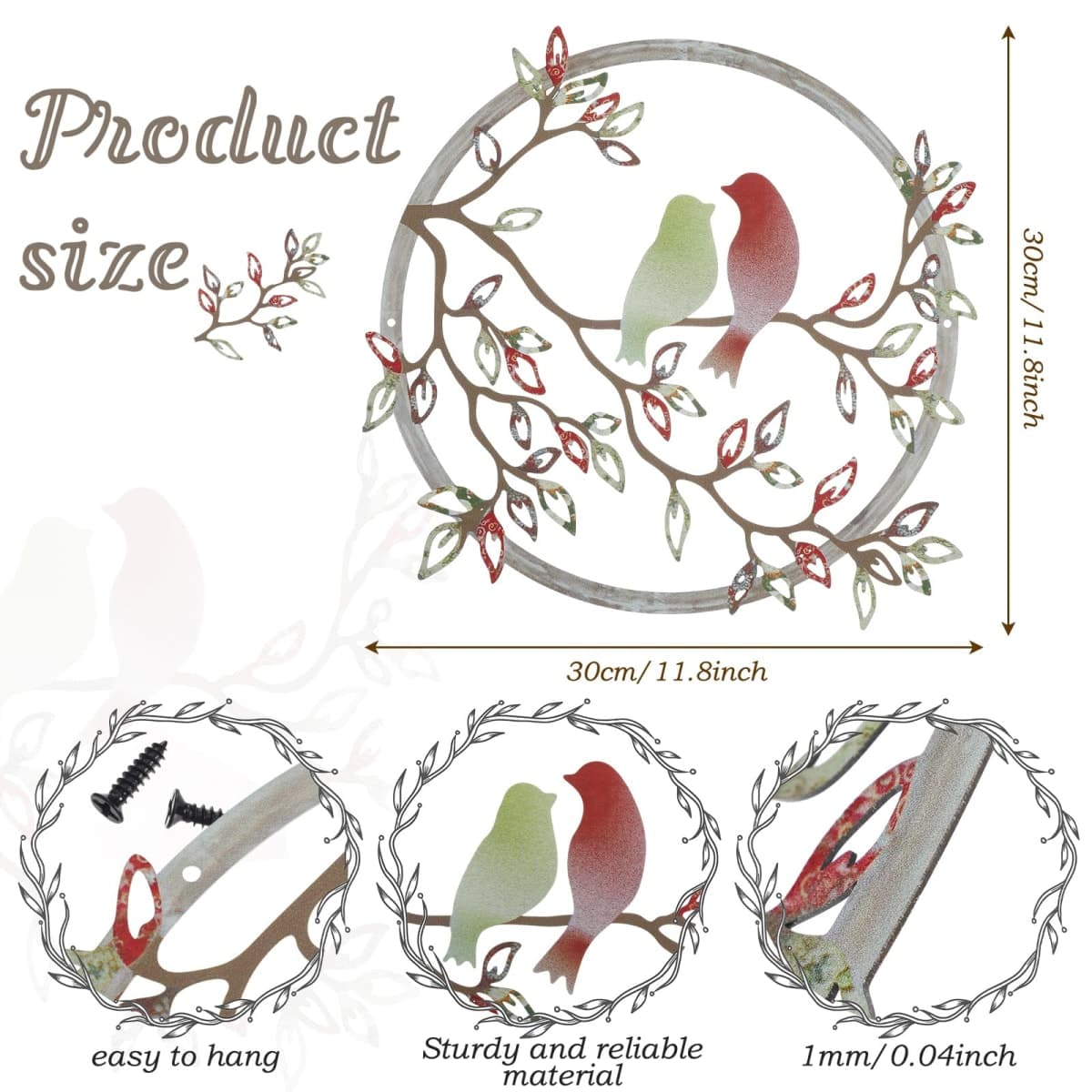 Ferraycle Metal Wall Art Bird on Tree Branch Silhouette Bird Hanging Ornament Porch Wall Decor for Living Room Outdoor Garden Bedroom Office Housewarming Party Decoration(Retro Color) thumbnail 2