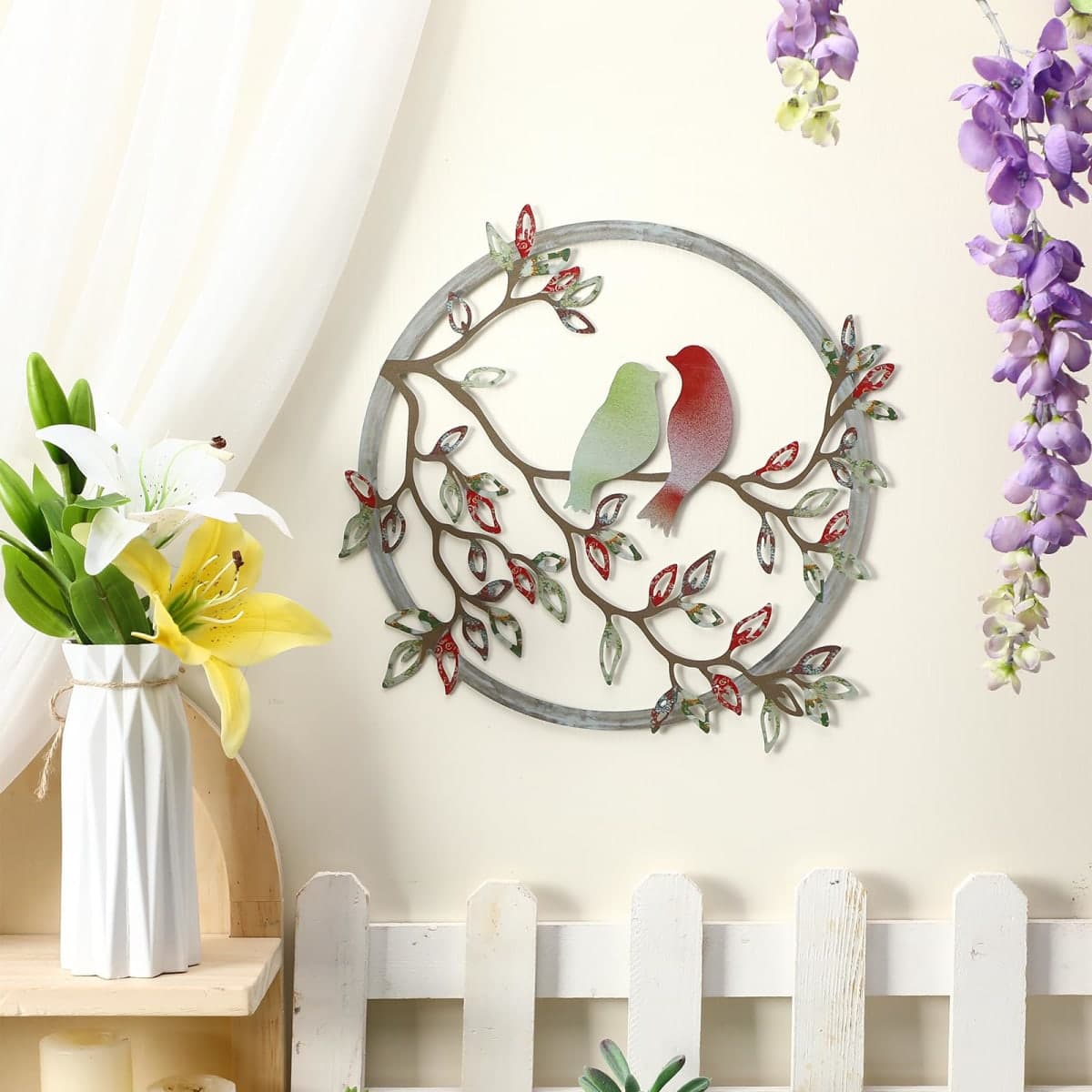 Ferraycle Metal Wall Art Bird on Tree Branch Silhouette Bird Hanging Ornament Porch Wall Decor for Living Room Outdoor Garden Bedroom Office Housewarming Party Decoration(Retro Color) thumbnail 3