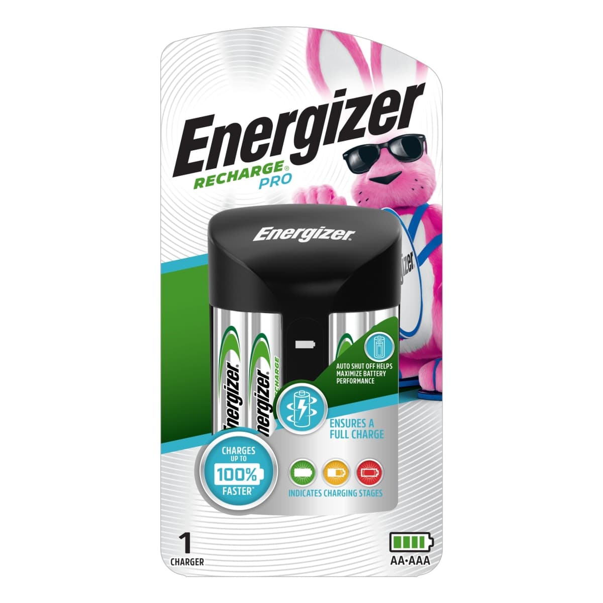 Energizer AA and AAA Battery Charger with 4 AA NiMH Rechargeable Batteries, Recharge Pro Battery Charger for Double A Batteries and Triple A Batteries — image 1